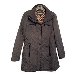 STEVE Madden Quilted Coat Gray Leopard Lining Zip Knee Length Womens M